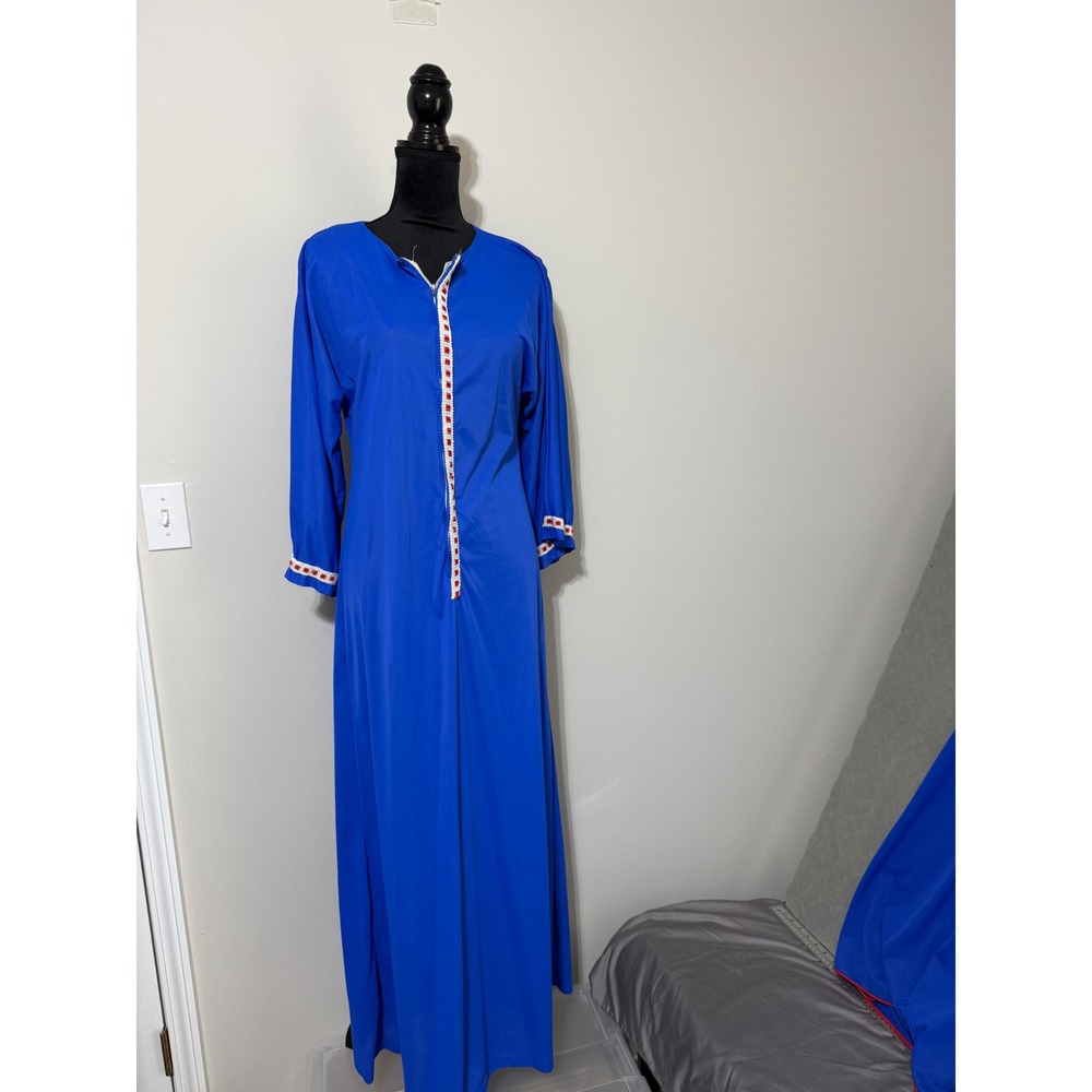 Vtg Royal Blue Kaftan Maxi Dress Long Sleeve Modest Abaya Robe Trimmed m zip 70s